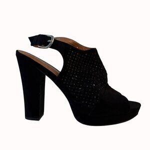Report Black Chunky Block Heels Larz Sandals 8.5 Perforated Design Faux Suede